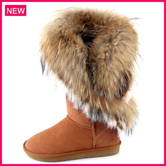 Shoes - Women's Mid Calf Snow Boots, Cow Leather Fur, 11-Inch Shaft, Handmade